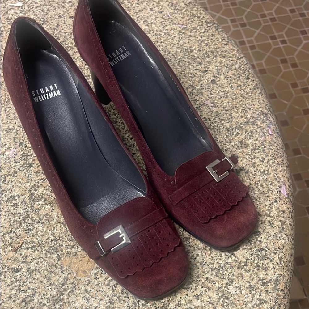 Stuart Weitzman mahogany Brown Heels with Block Heel and Metallic buckle